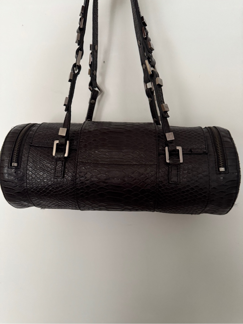 Charles David Black Leather Snakeskin Embossed Barrel Shoulder Bag - Picture 6 of 12